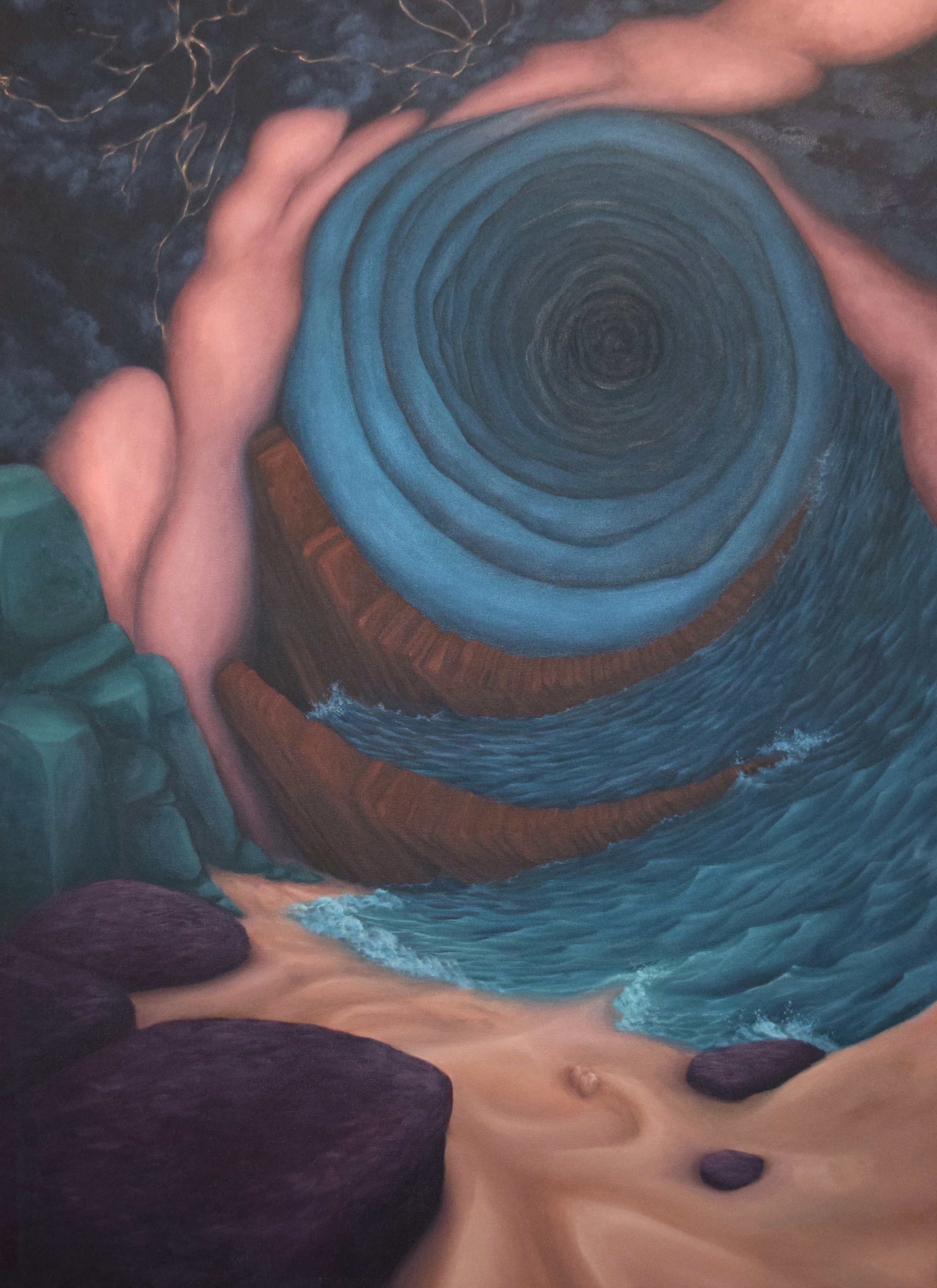 Et surrealistisk maleri af en form for grotte med sand, klipper og vand malet af Marie Juhl.