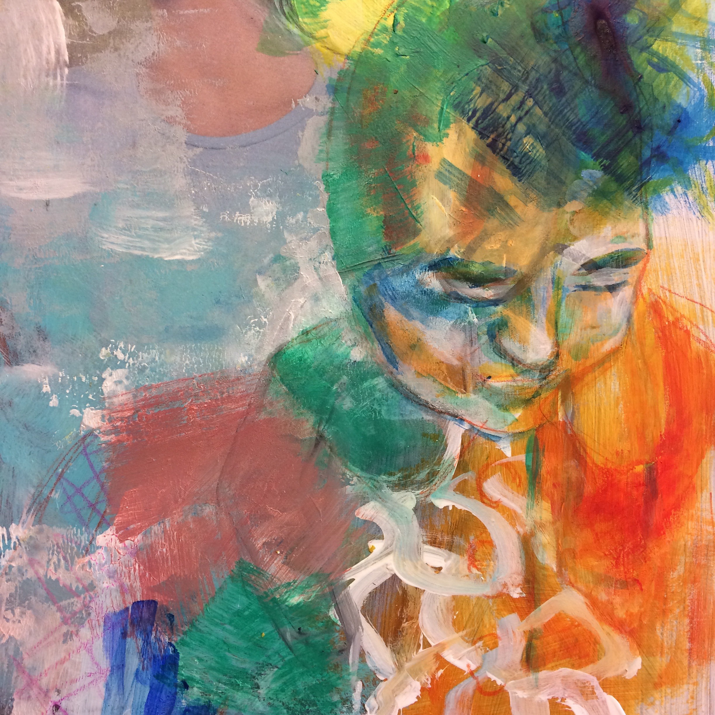 Abstrakt maleri med et portræt.