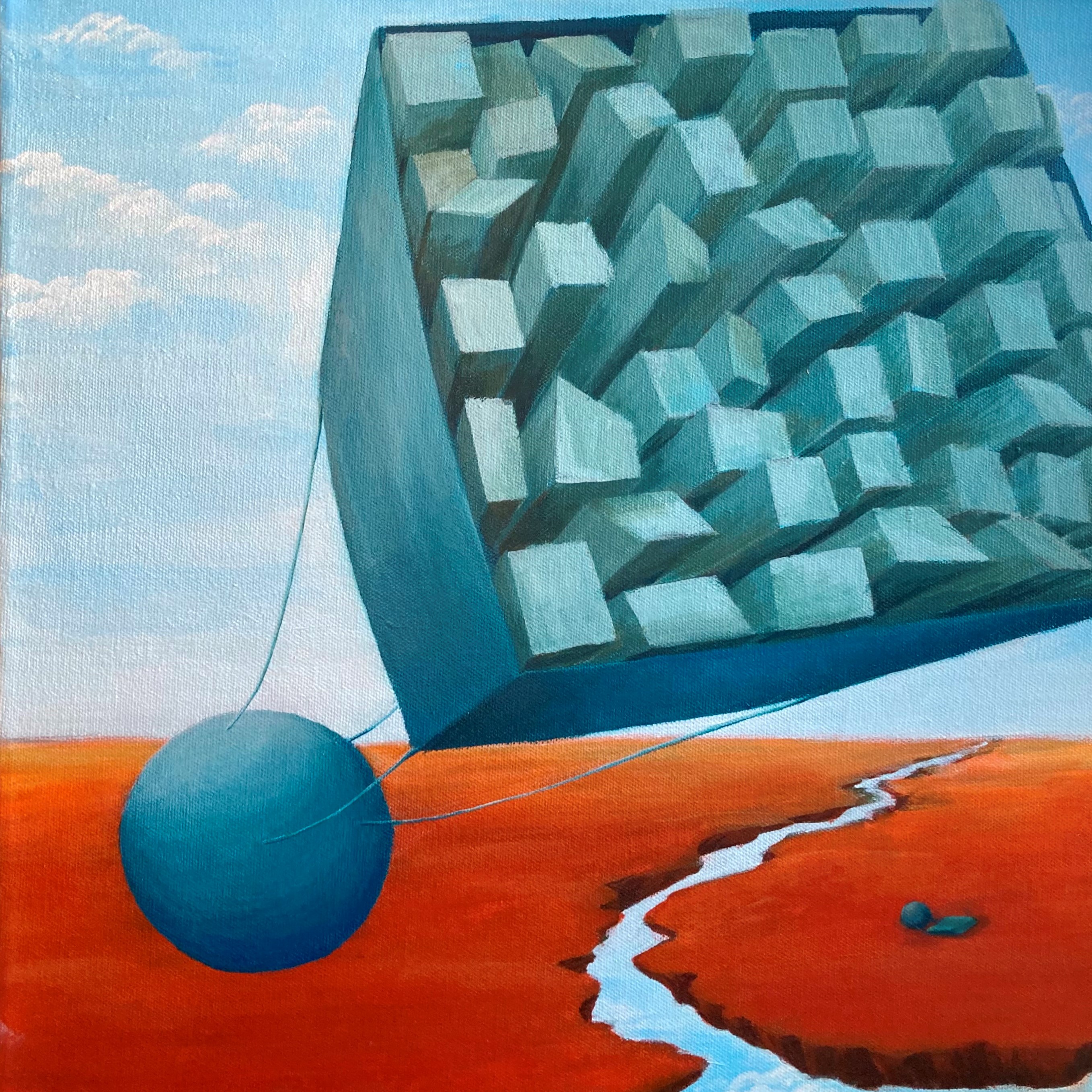 Surrealistisk maleri af en kugle med en firkant tilkoblet. I firkanten ses høje kubiske rektangler som minder om en storby. I baggrunden ses nogle svævende orange jordplader og en blå himmel med skyer.