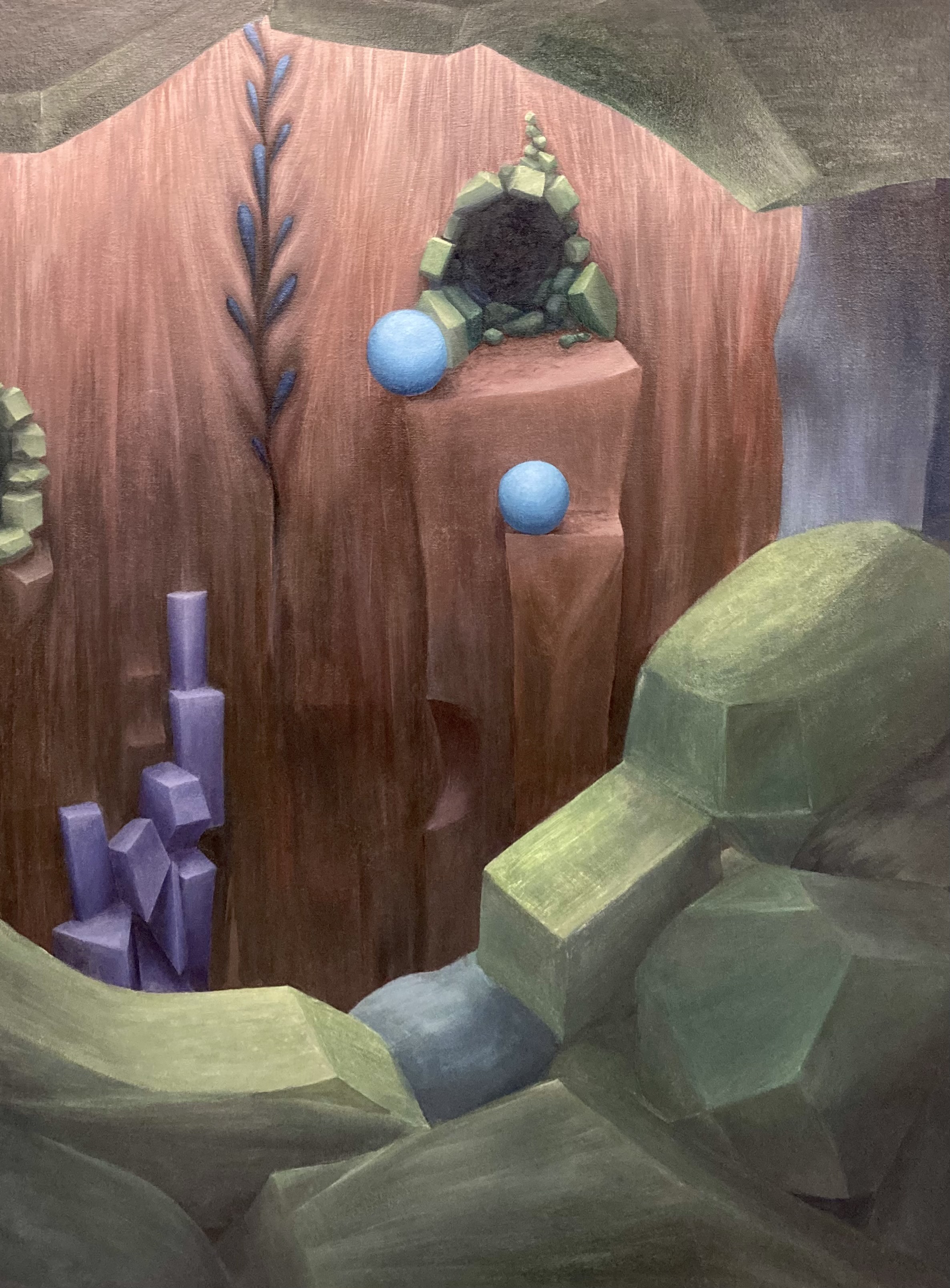 Smukt maleri af kunstneren Marie Juhl. Maleriet er malet i jordfarver, dvs. brune og grønne nuancer. Det forestiller en surrealistisk grottestruktur. Der er grønne sten i forgrunden og forskellige former placeret længere tilbage i maleriet.