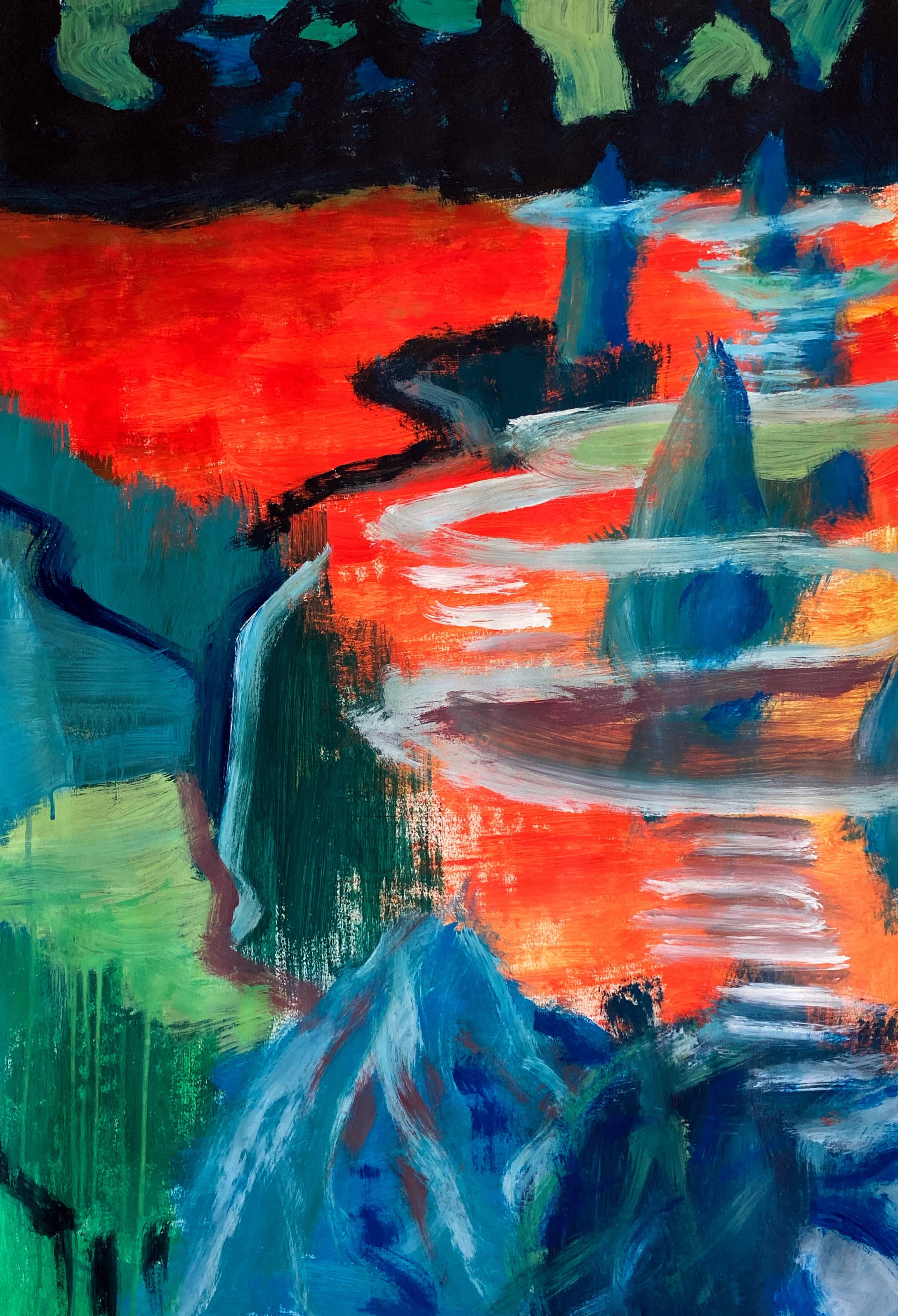 Farverigt maleri af fiktivt landskab nr. 1