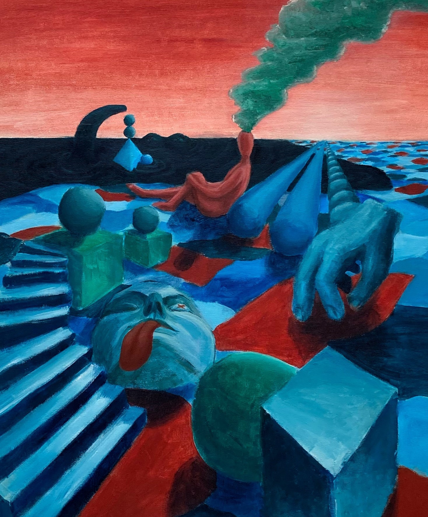 Maleri af goldt landskab med absurde objekter i orange og blå farver.