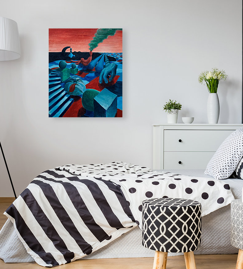 Maleri af fantasilandskab nr. 2 vist i et værelse.