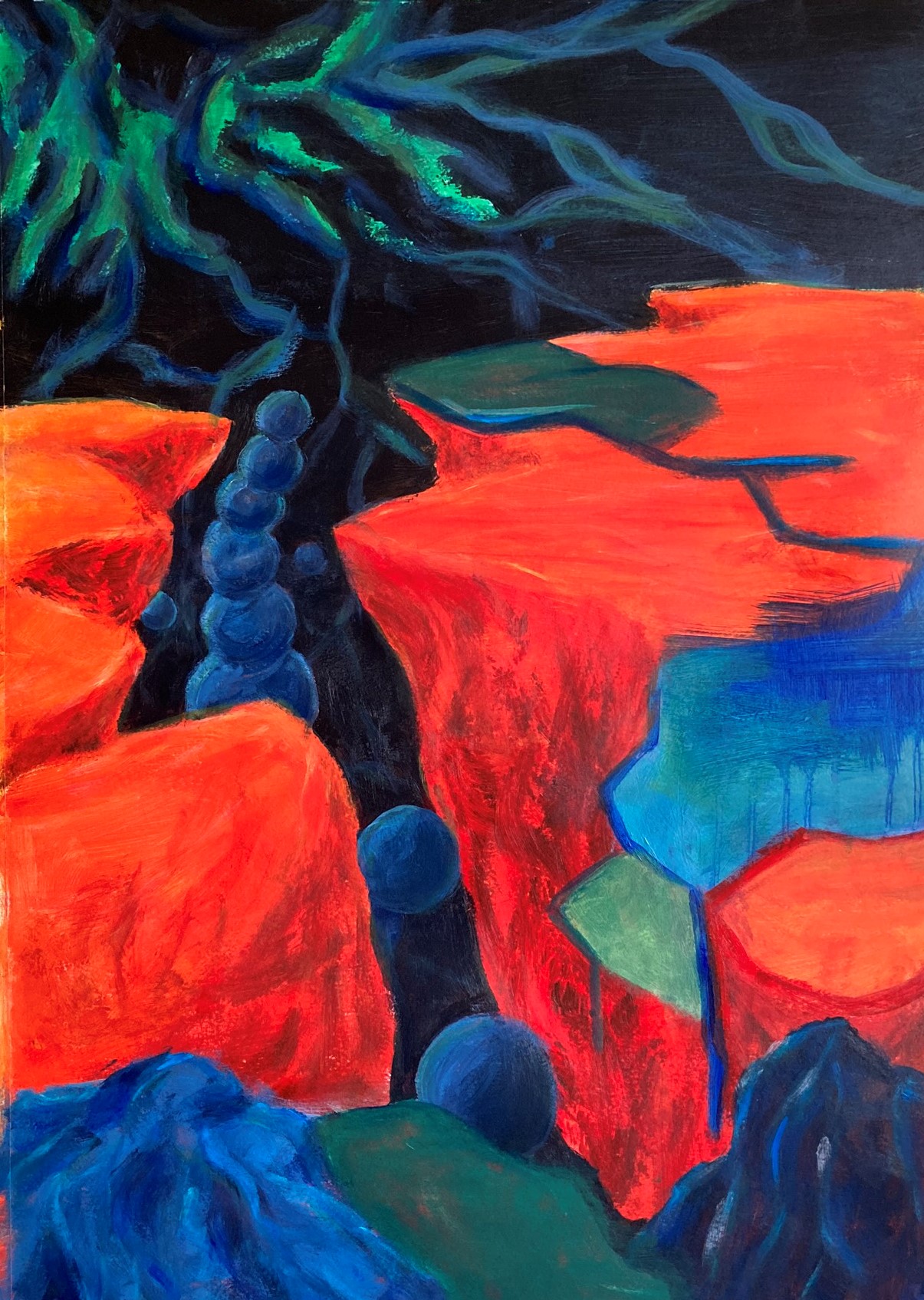 Farverigt maleri af fiktivt landskab nr. 3.