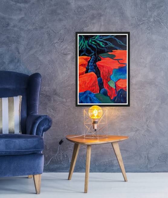 Maleri af fiktivt landskab nr. 3 vist i et værelse.