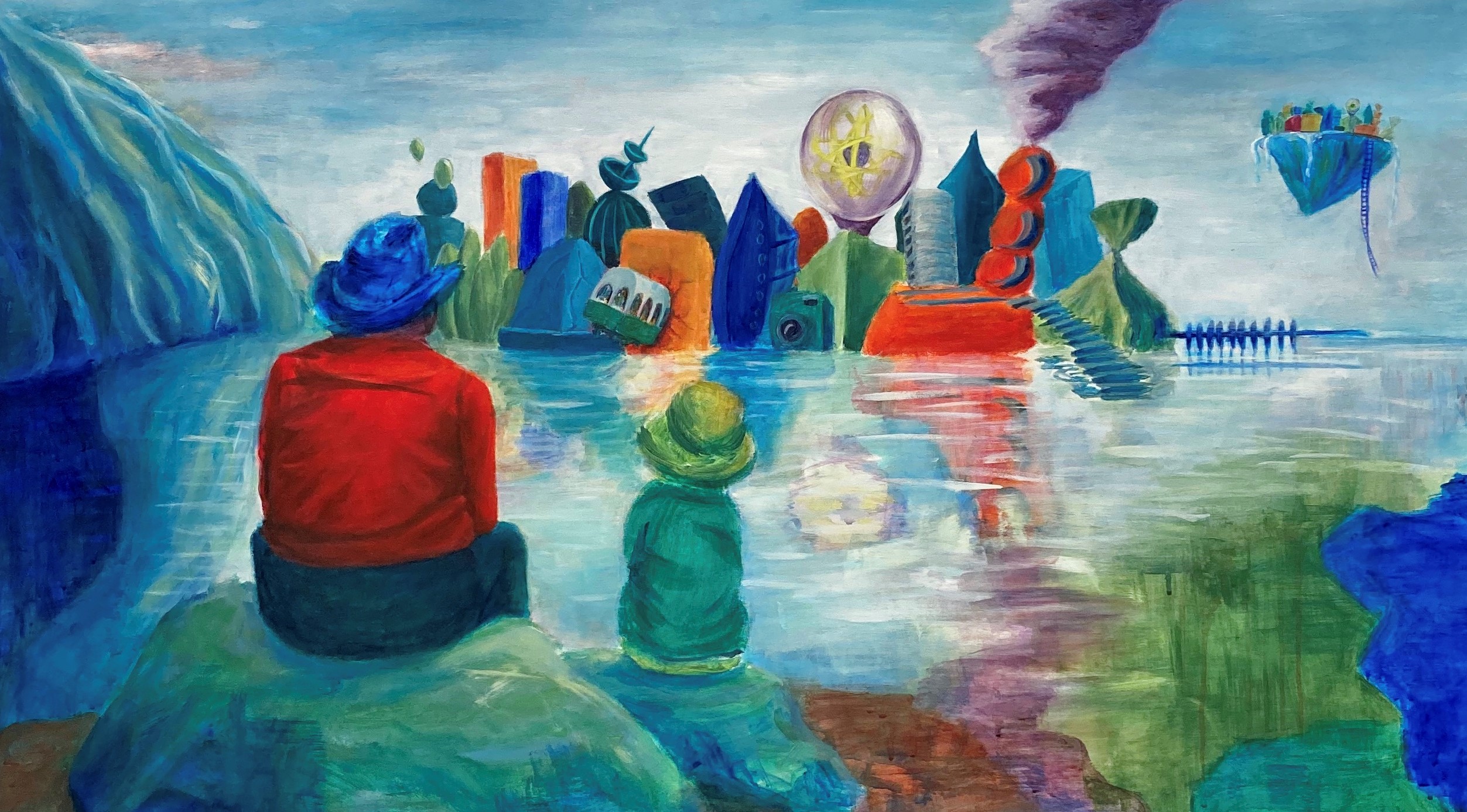 Farverigt maleri af to mennesker siddende foran en by med fantasielementer.