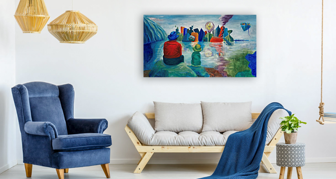 Fantasiby maleriet set i et værelse.