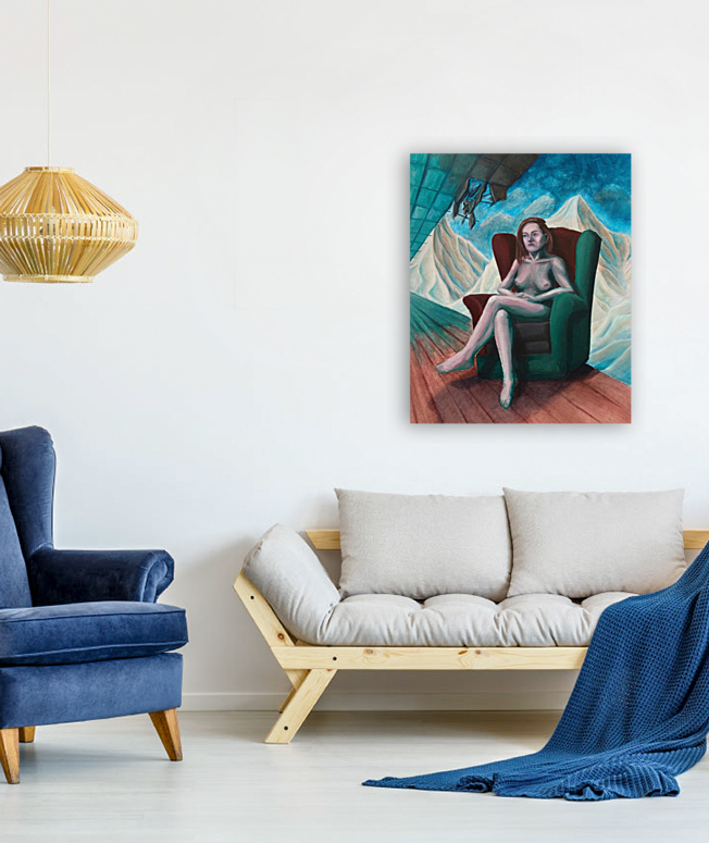 Maleri af siddende kvinde vist i et lokale.