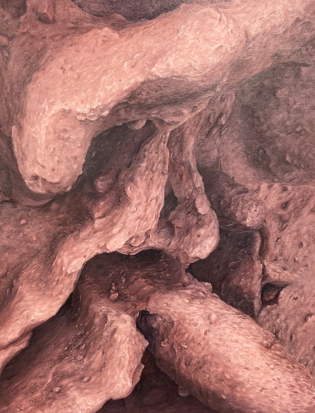 Maleri af organiske former med grov tekstur inspireret af klippeformation. Maleriet er udført af den talentfulde kunstner Marie Juhl.