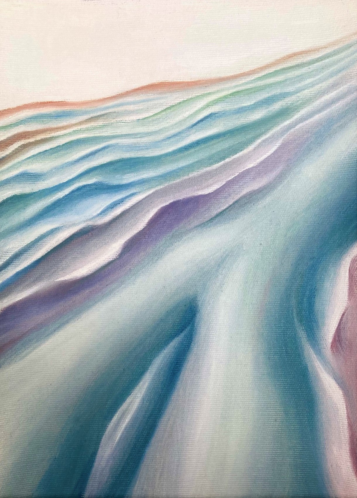 Oliemaleri af pastelfarvede flager der bliver større og større diagonal gennem billedet og i nedre højre side er en høj, der splittes i to.