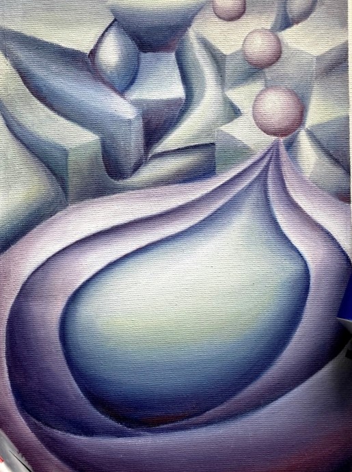 Oliemaleri af en rund form med flagede lag omkring og flere geometriske former bagved i blå og lilla nuancer.