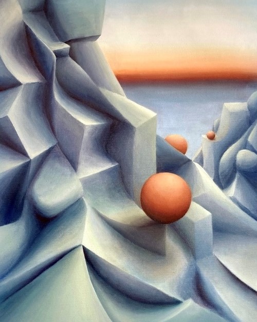 Maleri af en blå bjergside malet med geometriske rumlige former. Tre orange kugler ligger i blance på bjergsiden.