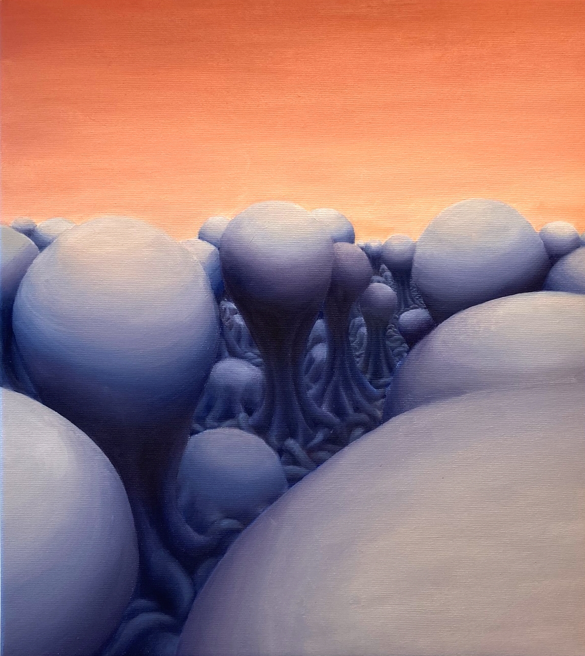 Oliemaleri af omvendte dråbeformer der fortsætter ud i horisonten.