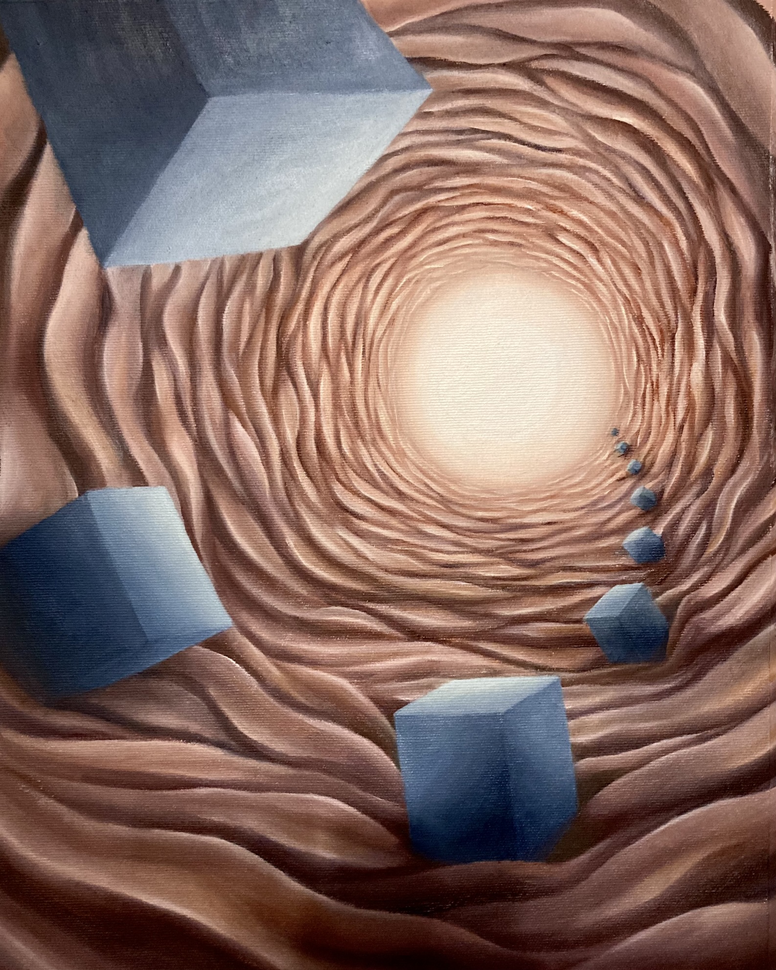 Oliemaleri af brune formationer der skaber en tunnel med lys for enden og blå firkanted stopler.