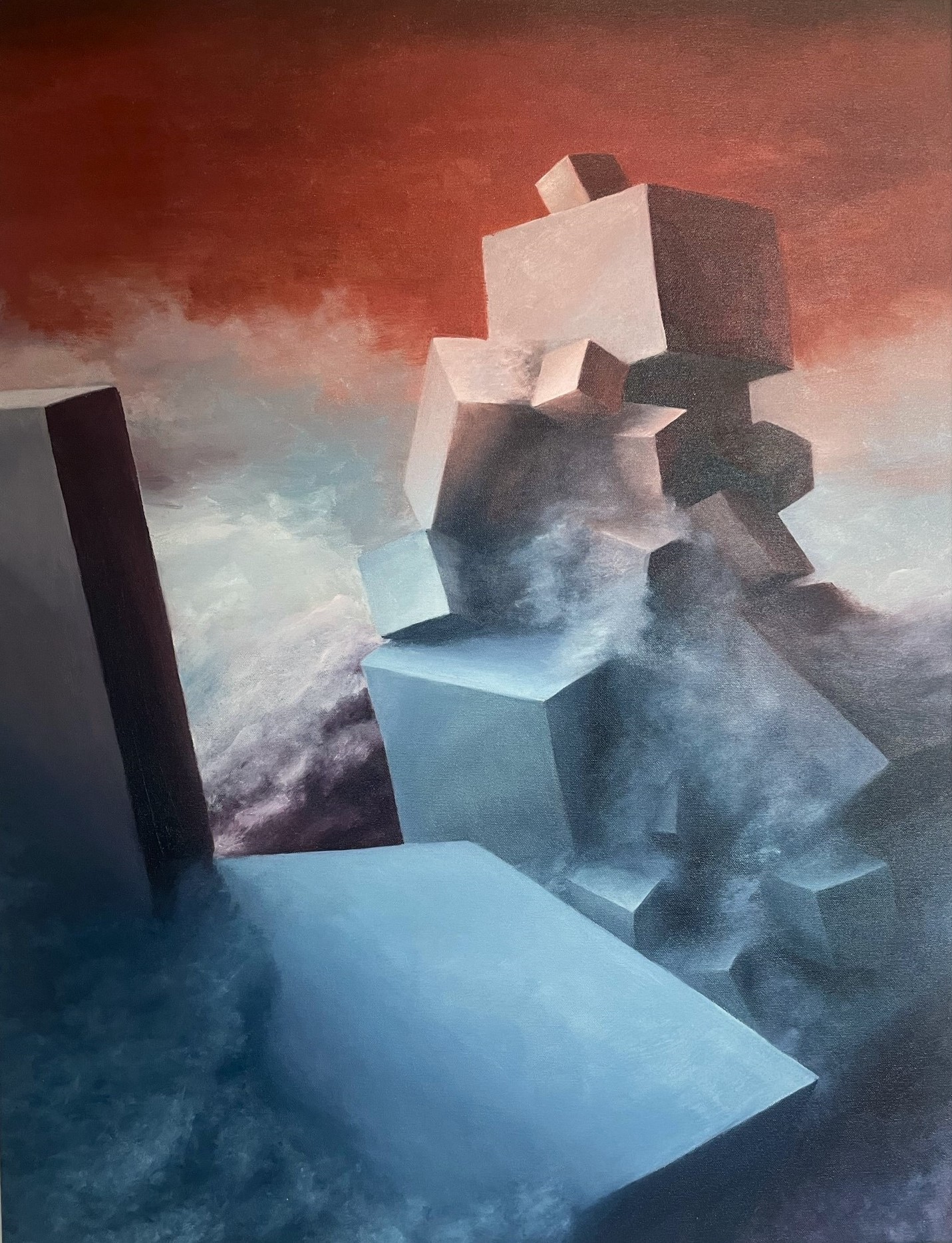 Oliemaleri røde og blå kasser i et skylandskab.