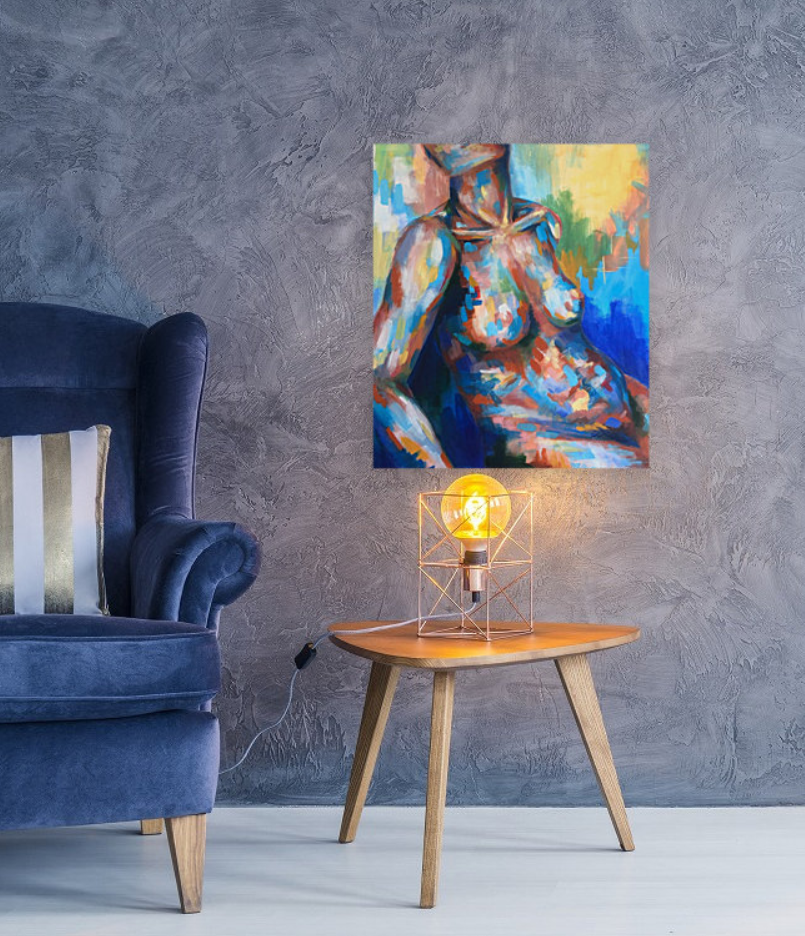 Maleri af liggende kvinde vist i et værelse.