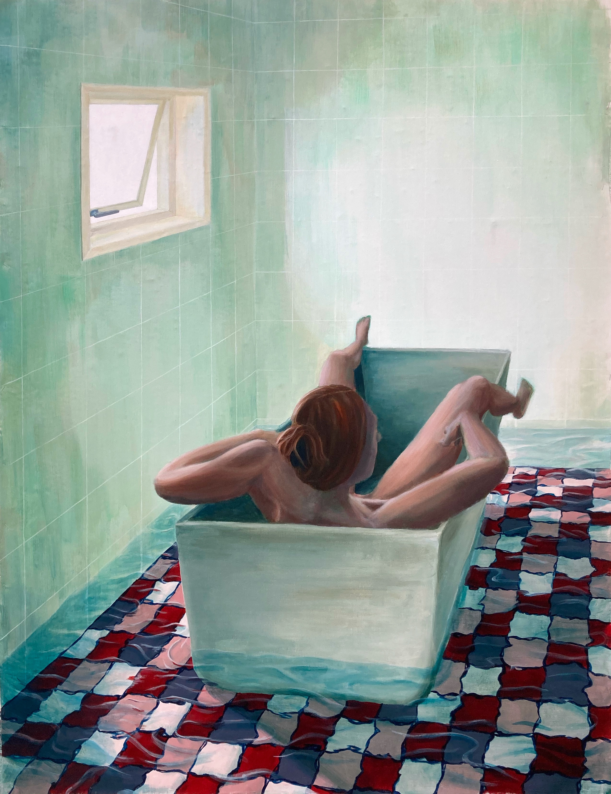 Realistisk maleri af kvinde liggende i et badekar i et badeværelse med vand på gulvet.