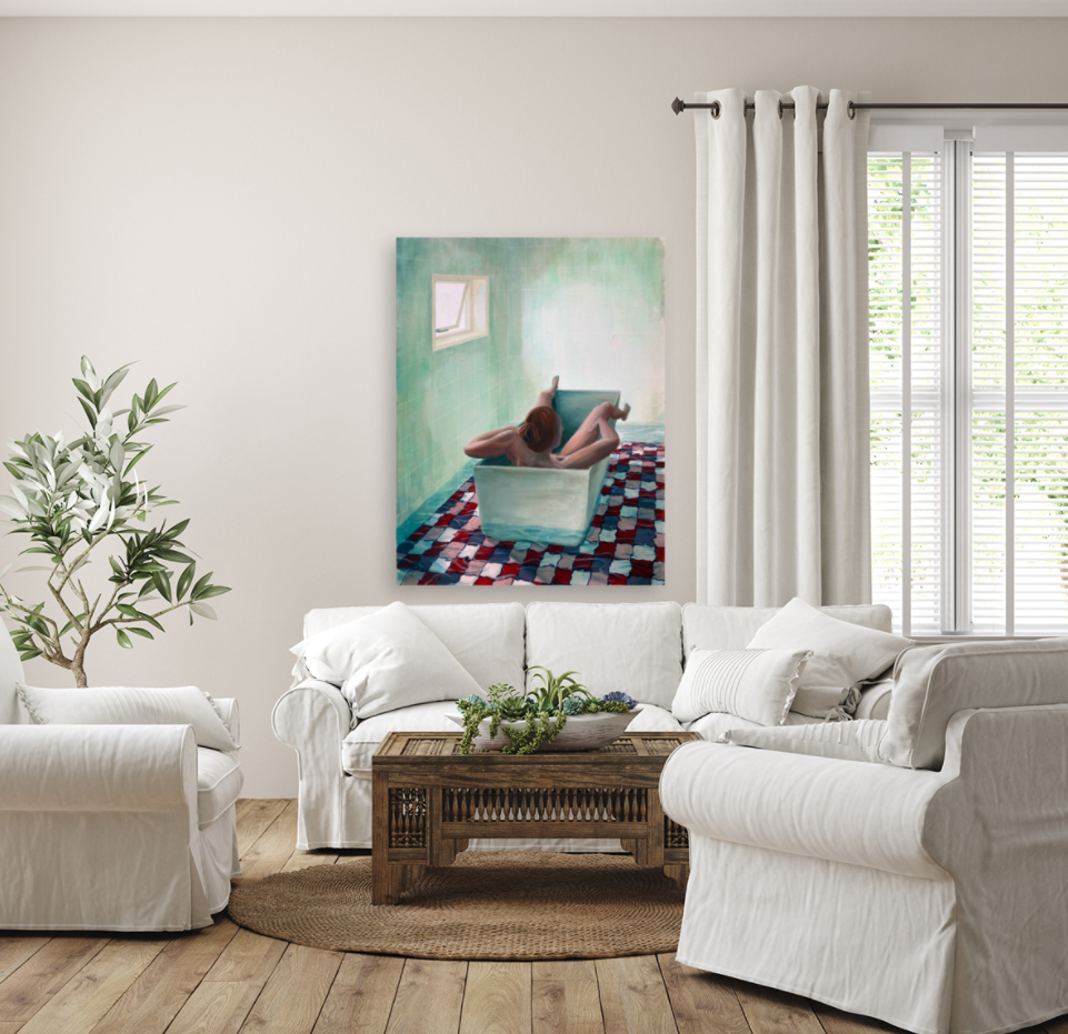 Maleri af kvinde i badekar vist i et værelse.