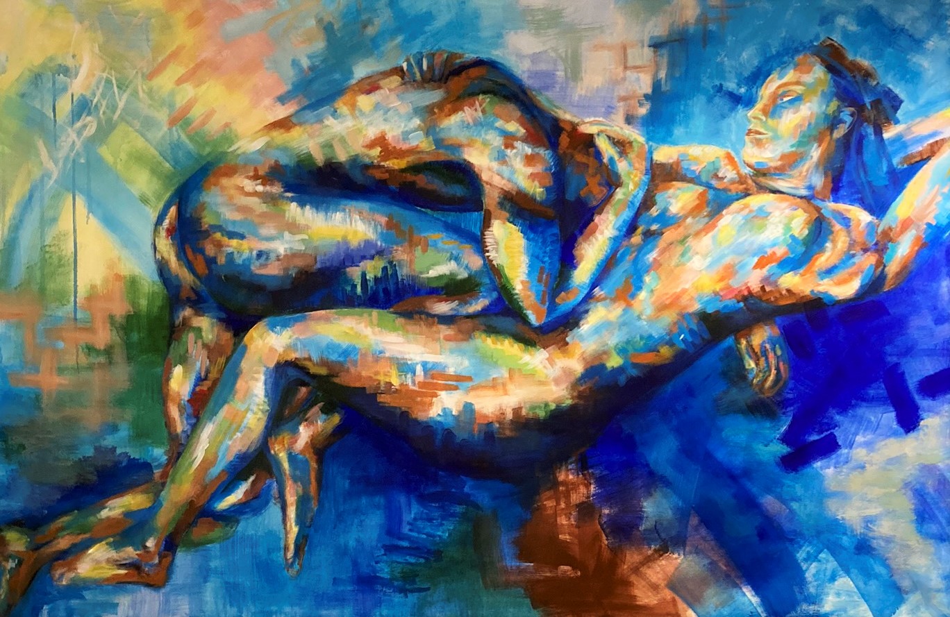 Expressionistisk maleri af to mennesker liggende i en omfavning. Maleriet er malet med farverige, markerede penselstrøg og kaldes par nr. 1.