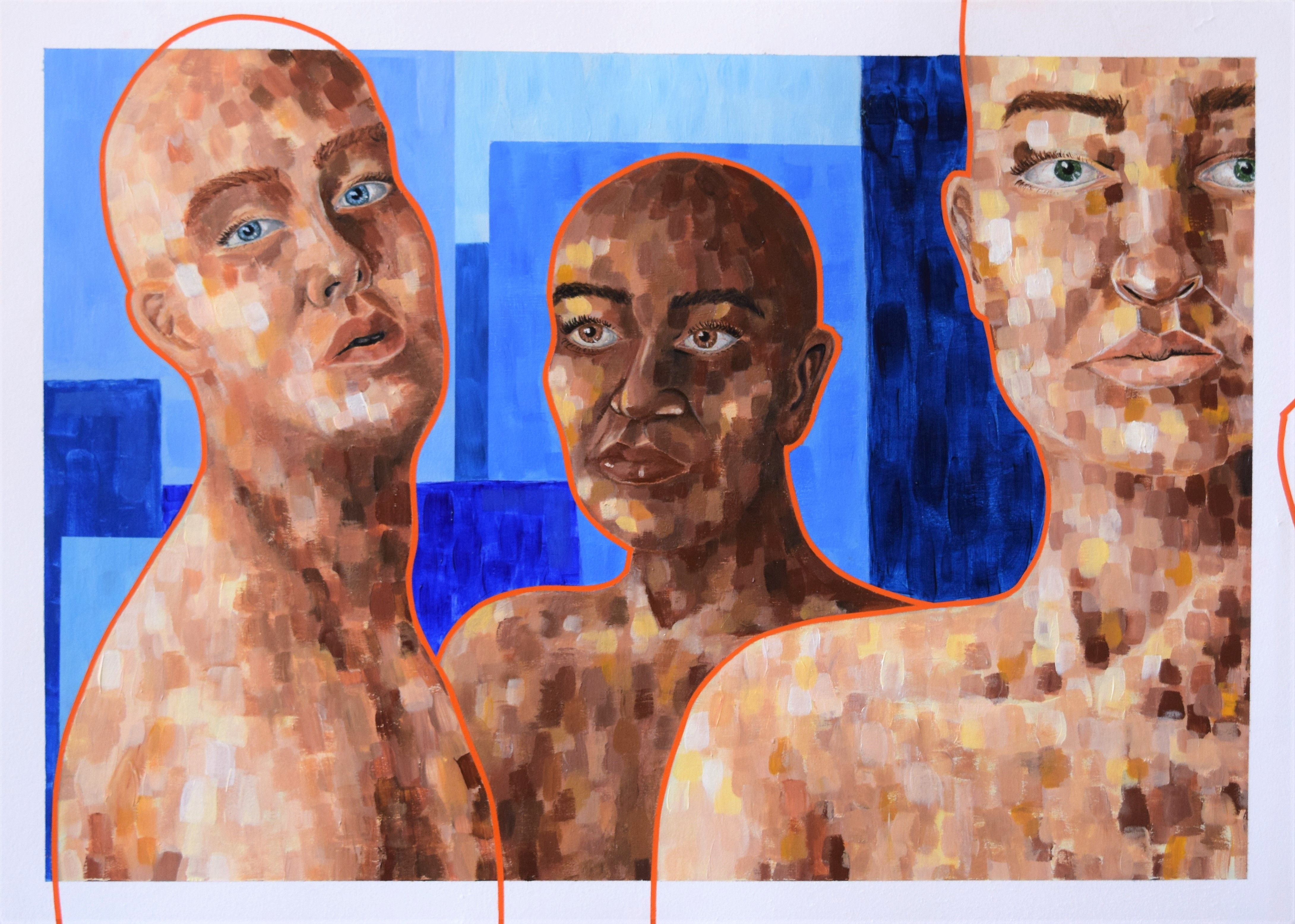 Maleri af tre mennesker malet med firkantede strøg som lægger fokus på relationerne mellem dem.