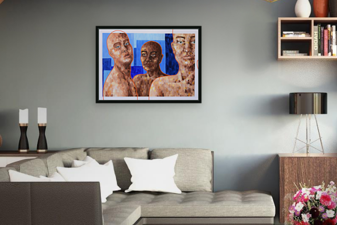 Maleri af tre mennesker vist i en stue.