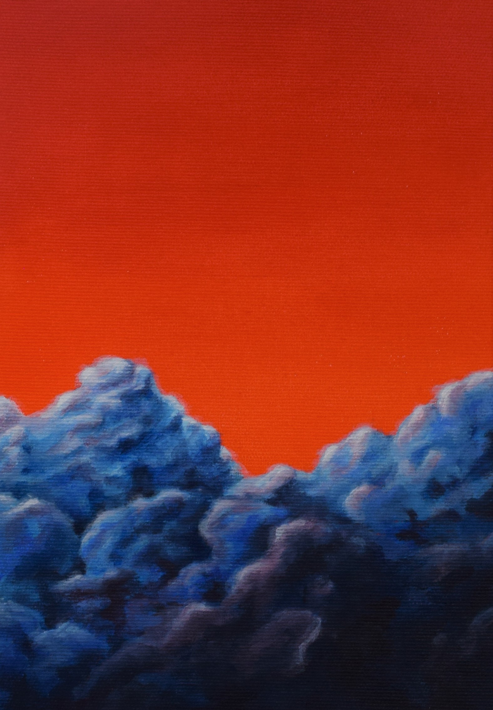 Orange himmel med klumpede blå skyer. Maleriet er meget farverigt.