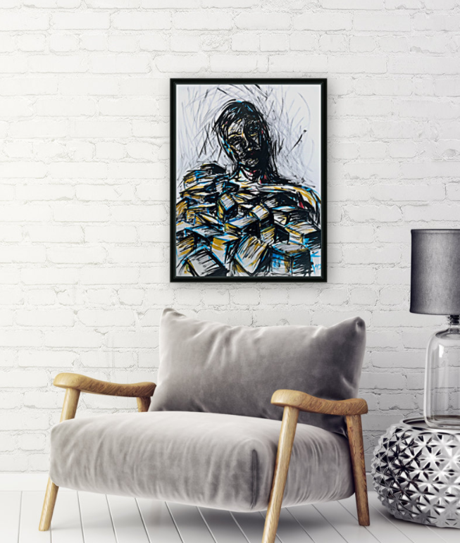 Maleri af abstrakt kvinde nr.4 vist i et værelse.