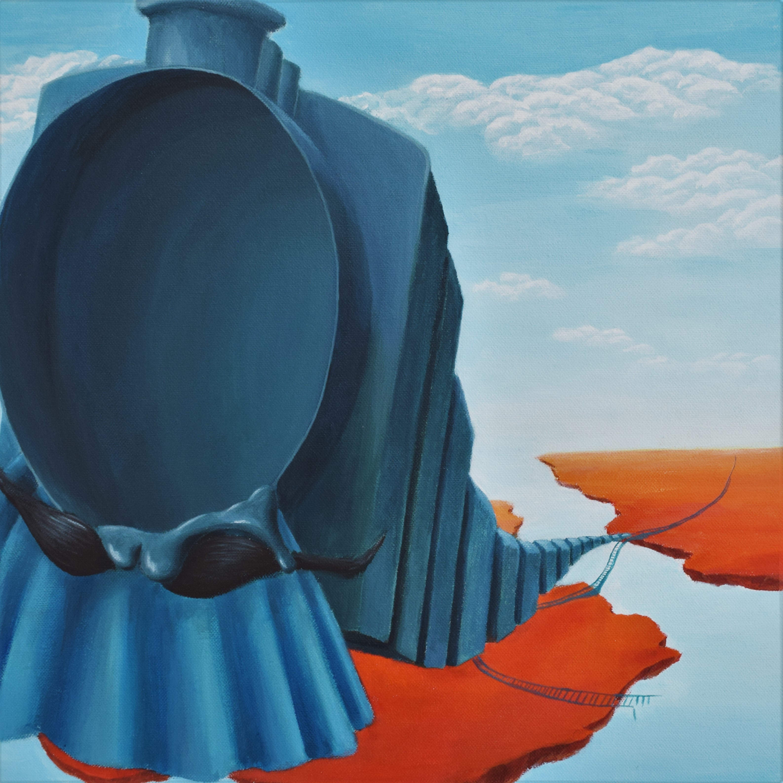 Surrealistisk maleri af et flyvende tog med overskæg og en hul cylinder som lokomotiv. Ud af cylinder hænger en viskos væske. I baggrunden ses nogle svævende orange jordplader og en blå himmel med skyer.